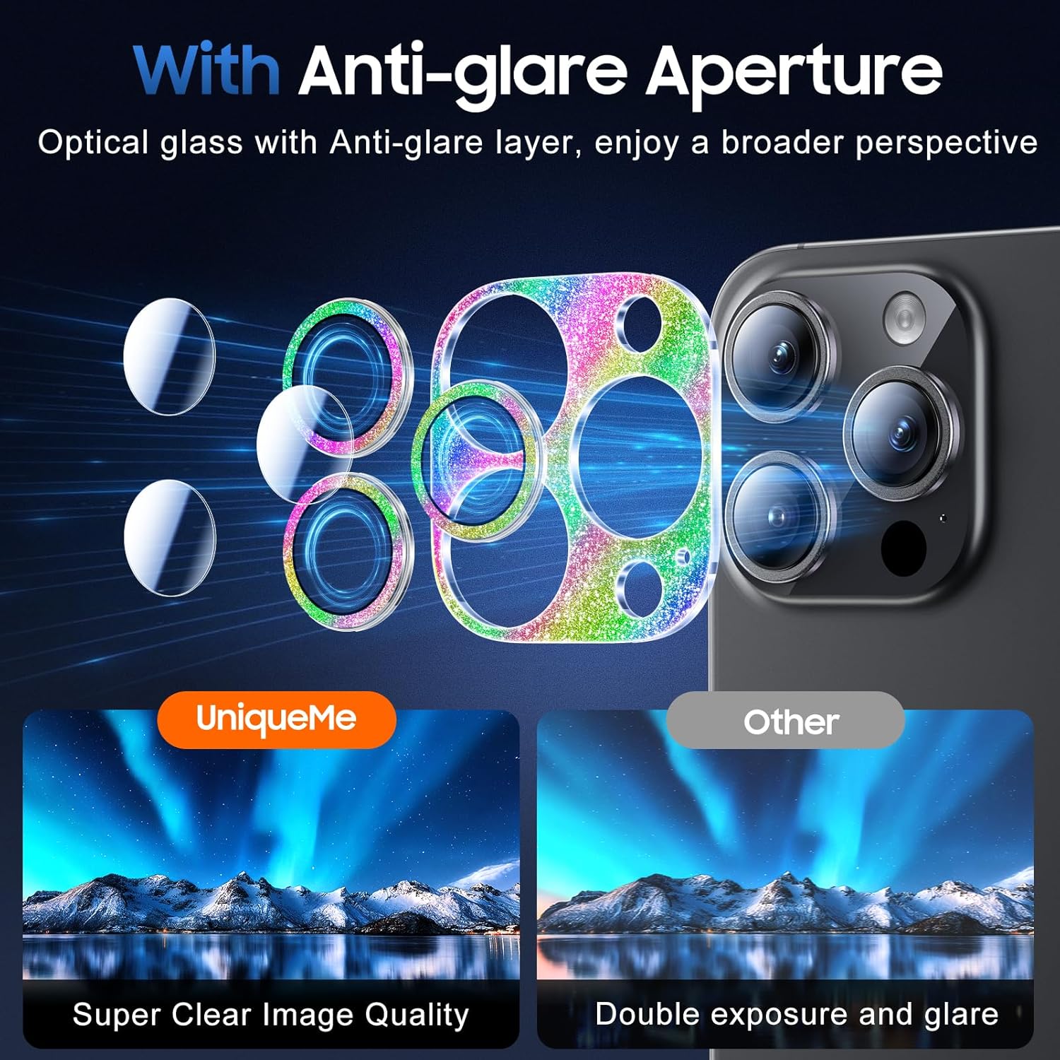 UniqueMe for 3 Pack iPhone 16 Pro/iPhone 16 Pro Max Camera Lens Protector - [Drop Protection] [Case Friendly] 9H Tempered Glass Camera Cover Screen [Update New Version] - Glitter Colorful