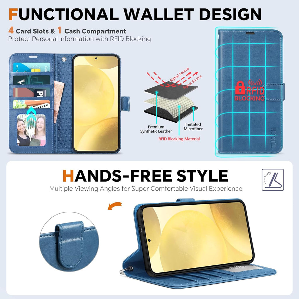 TUCCH Case Wallet for Galaxy S25 Plus, Removable [Wireless Charging] Wrist Strap PU Leather Magnetic Stand RFID Blocking [4 Card Slots] Detachable Protective Folio for Galaxy S25 Plus 6.7", Light Blue