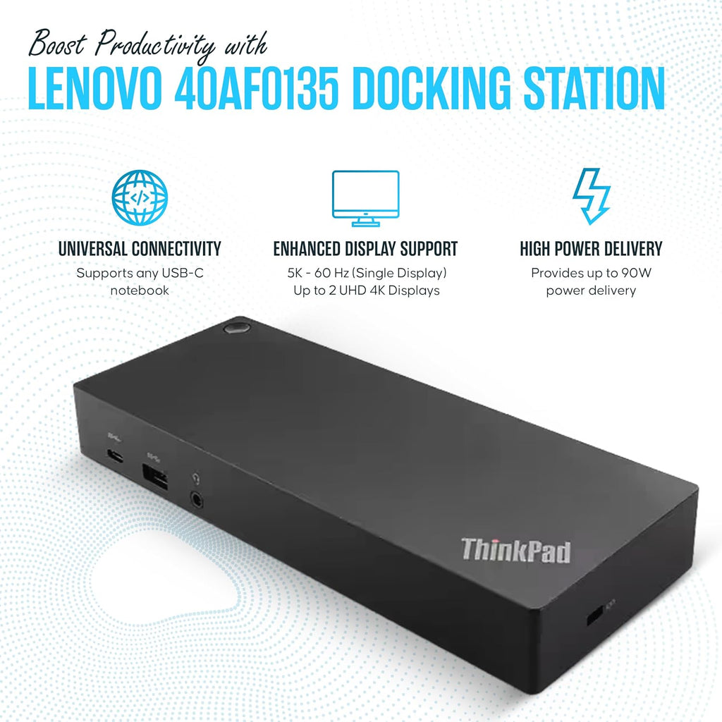 40AF0135US Lenovo Docking Station Dual Monitor Hybrid USB-C with USB-A, 135W, HDMI & DisplayPort Cable
