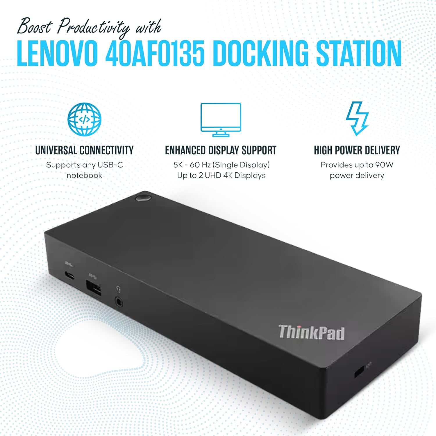 40AF0135US Lenovo Docking Station Dual Monitor Hybrid USB-C with USB-A, 135W, HDMI & DisplayPort Cable