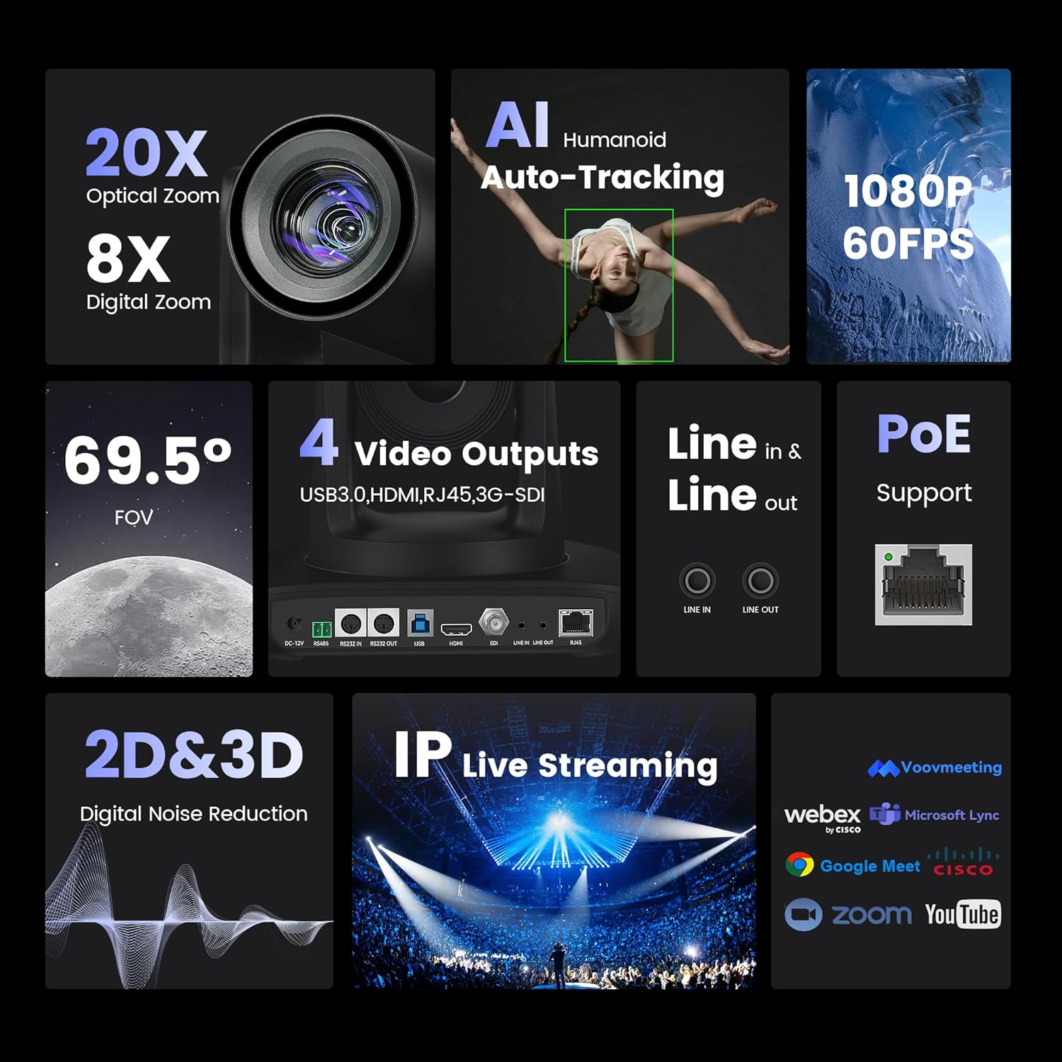 AI Auto Tracking NDI PTZ Camera 3G-SDI/USB3.0/HDMI/LAN IP PoE Live Streaming 20X Optical and 8X Digital Zoom Camera 1080P 60FPS for Church Services Worship Education Events vMix OBS YouTube
