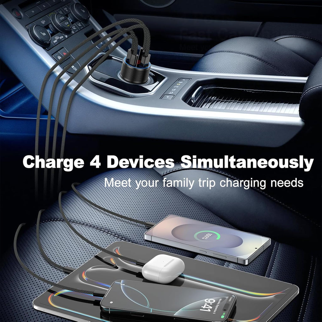 USB C Car Charger,2Pack 65W 4 Port Fast Charging Car Phone Charger with Voltage Display,Multi Port Cigarette Lighter Adapter USB Chargers for iPhone 16 15 14 13 Pro Max,Galaxy S25,iPad,Pixel,Android