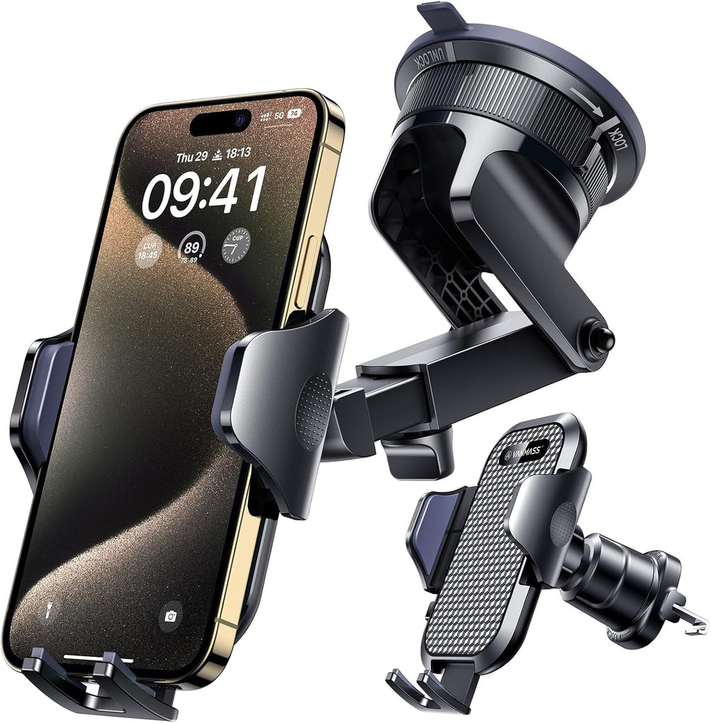[2025 True Military-Grade] Car Phone Holder VANMASS [Upgraded Strongest Suction & Clip] Cell Phone Mount for Dashboard Windshield Vent,Truck Cradle Stand for iPhone 16 Pro Max 15 14 13 Samsung Android