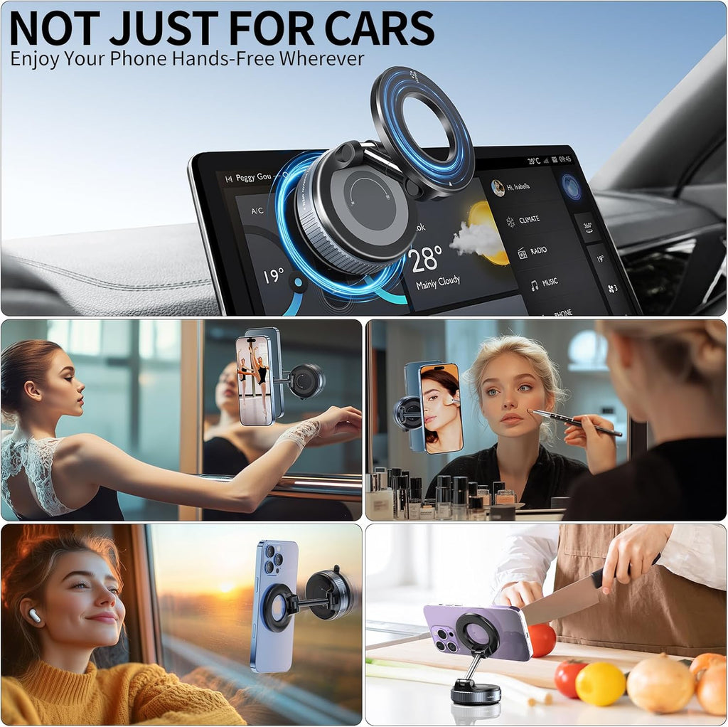 Vacuum Suction Magnetic Phone Holder, 2025 Upgraded Vacuum Suction Cup Mount for Magsafe, 360° Adjustable Foldable Portable Magnetic Car Phone Stand for Cars/Gyms/Mirrors/Smooth Surface (Black)