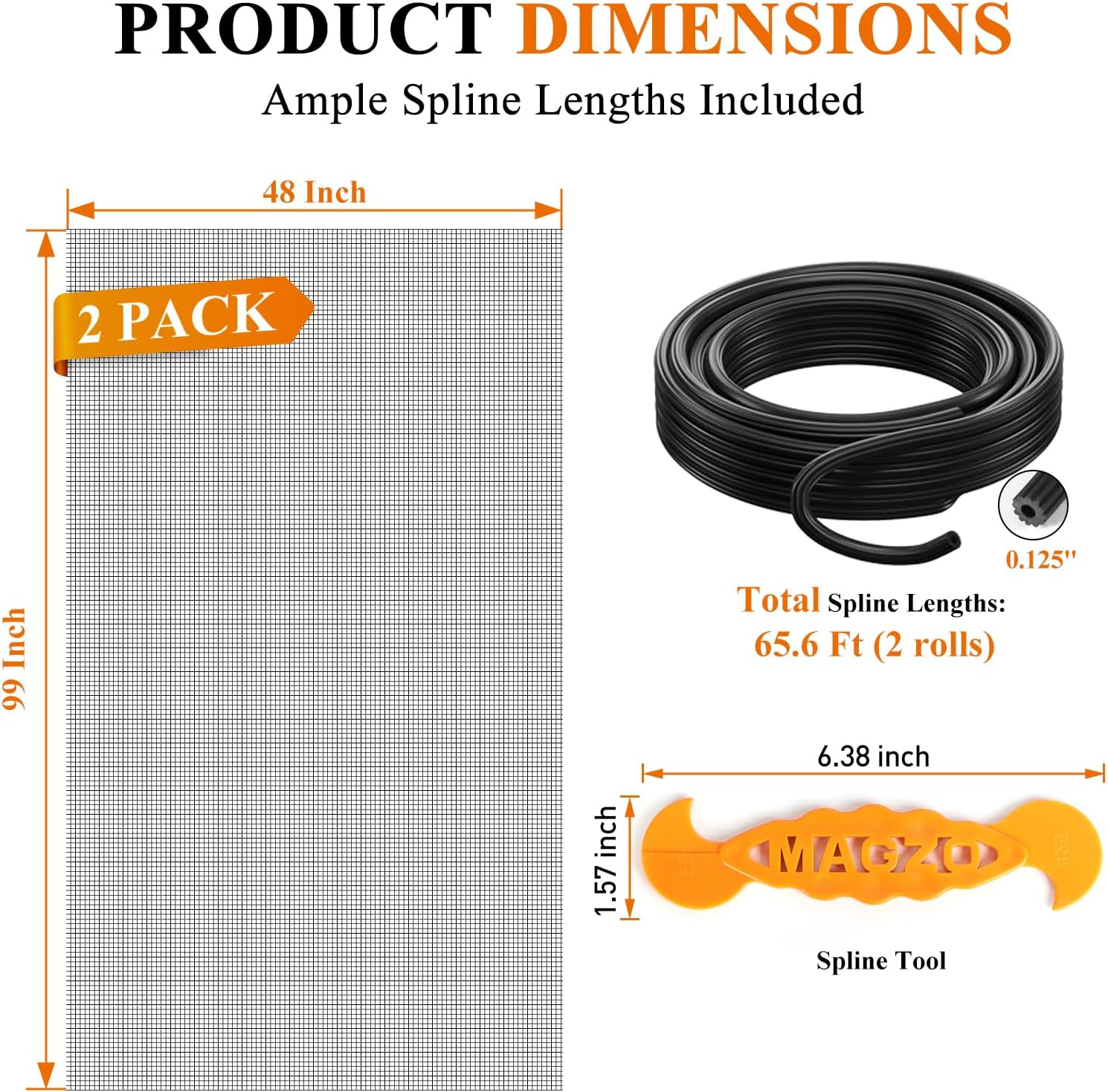 2PACK MAGZO Window&Door Screen Replacement Kit, 48''W x 99''L, with Retainer Spline (Total 65.6 FT) and Press-Fit Roller Tool, Polyester Scratch-Proof, Net Roll Repair for Sliding/House Windows, Black