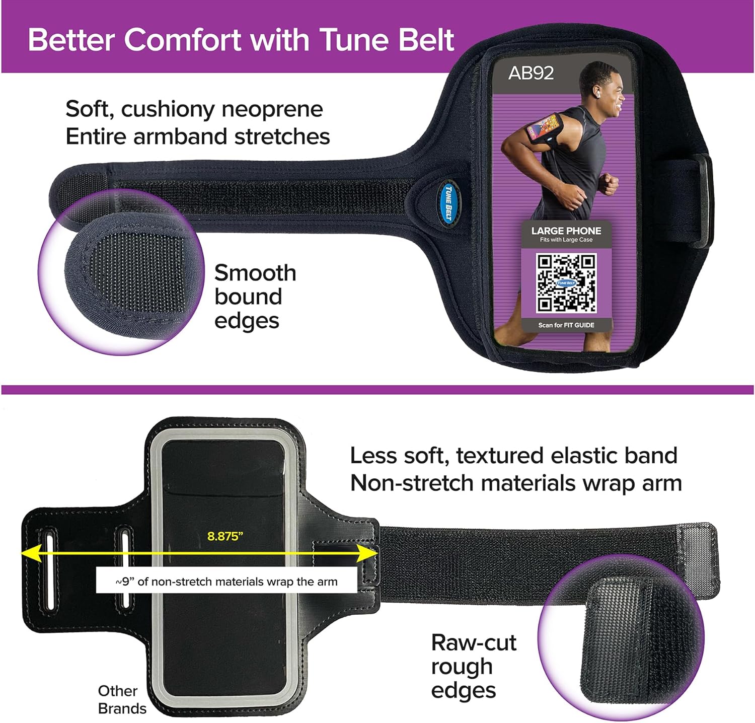 Tune Belt AB92 Cell Phone Armband for Running - Fits iPhone 16/15/14/13 Pro Max, Plus, Samsung Galaxy Ultra/Plus/Note and Large Phones with Protective Cases, Sweat-Resistant Exercise Holder (Black)