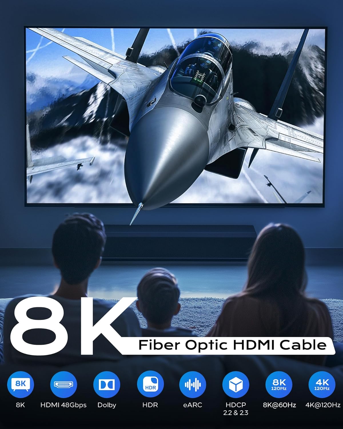 8K Long Fiber Optic HDMI Cable 100FT - 48Gbps, High Speed HDMI Cord CL2 in Wall,8K 60Hz,4K120Hz,HDCP 2.2&2.3,HDR10 - Compatible with HDTV/Monitor/Projector
