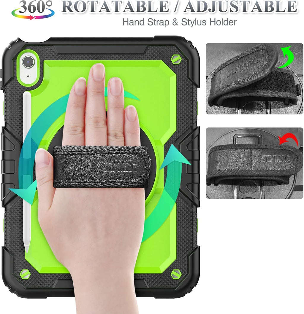 SEYMAC stock Case for iPad (A16) 11th/10th Generation 11''/10.9'' 2025/2022, Full-Body Drop Protection Case with Screen Protector &360° Rotate Hand Strap/Stand, Green+Black