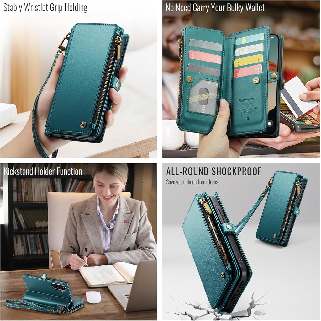 Defencase for Galaxy A26 5G Case Wallet with RFID Blocking Card Holder for Women Men, Fashion PU Leather Magnetic Snap Flip Zipper Wrist Strap Wallet Phone Case for Samsung Galaxy A26 5G, Blue Green