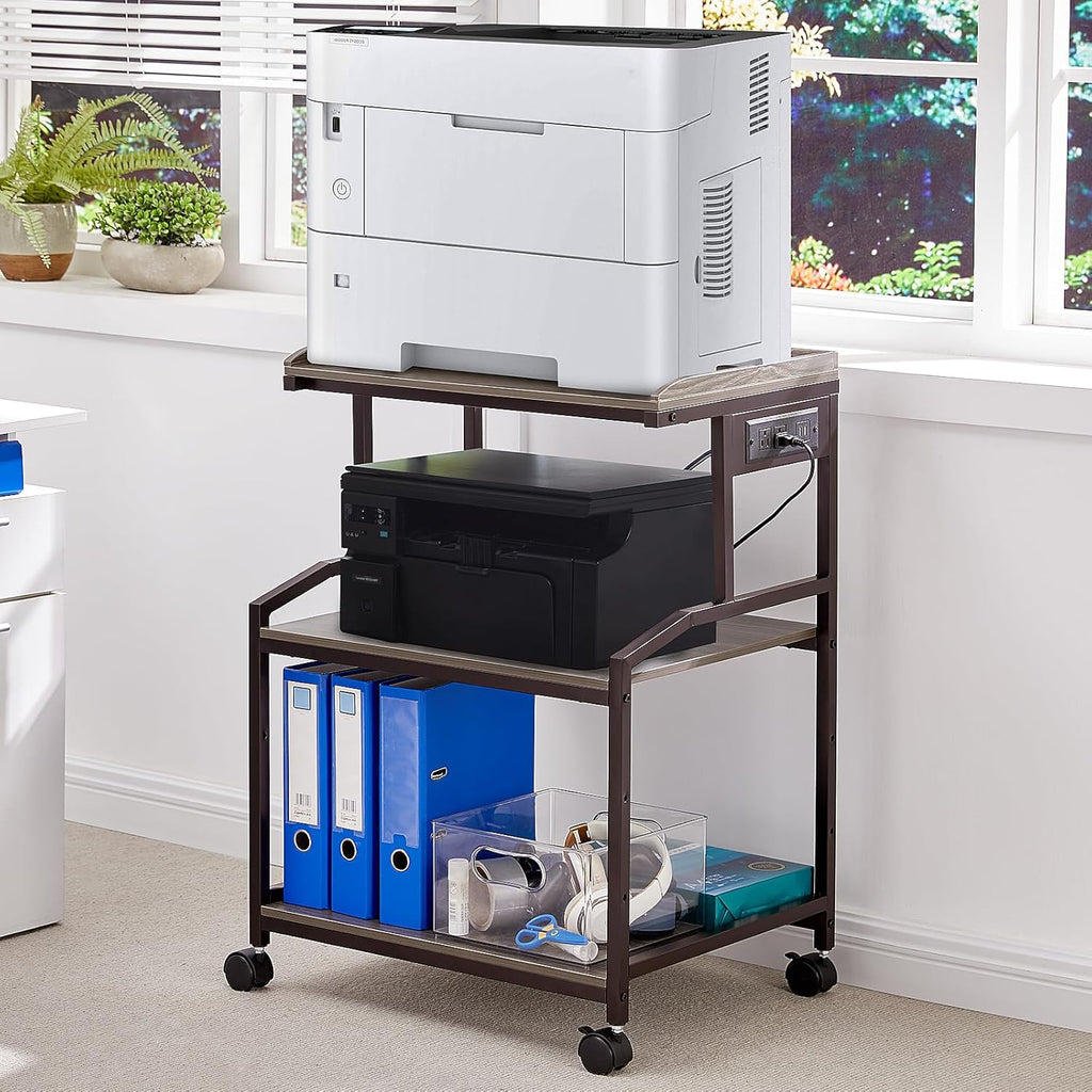Lauren&Harold 34'' Printer Stand with Power Outlets & USB Ports, 3-Tier Adjustable Rolling Cart, Heavy Duty 150LBS Storage Table with Wheels for Office, Kitchen, Living Room, Grey/Bronze