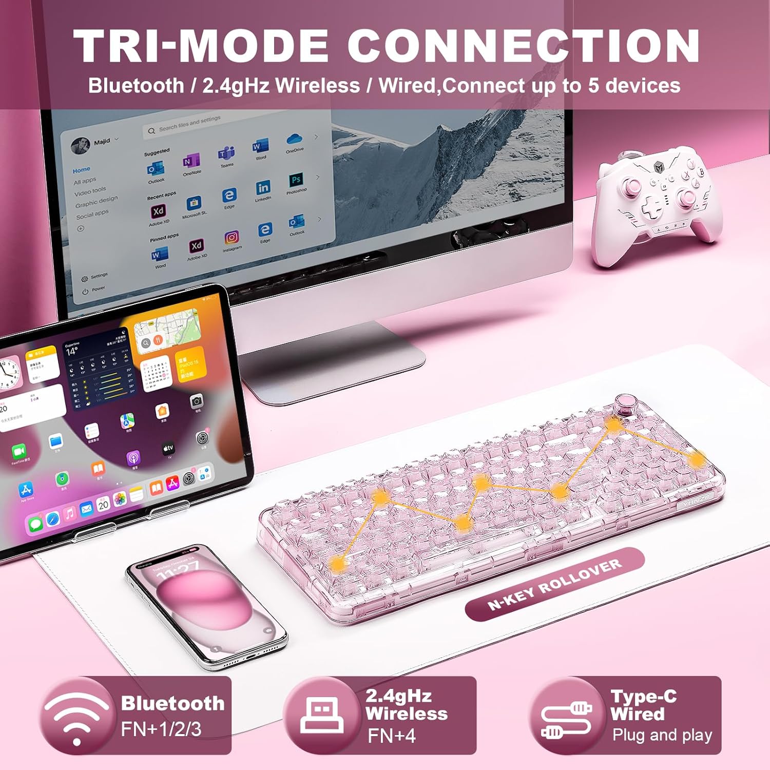 YUNZII X98 QMK/VIA Wireless Mechanical Gaming Keyboard with Knob,Tri-Mode BT5.0/USB-C/2.4GHz Hot Swappable Keyboard,Pre-lubed Switches Gasket Mount RGB Backlit for Wins/Mac (Pink, Snow Switch)