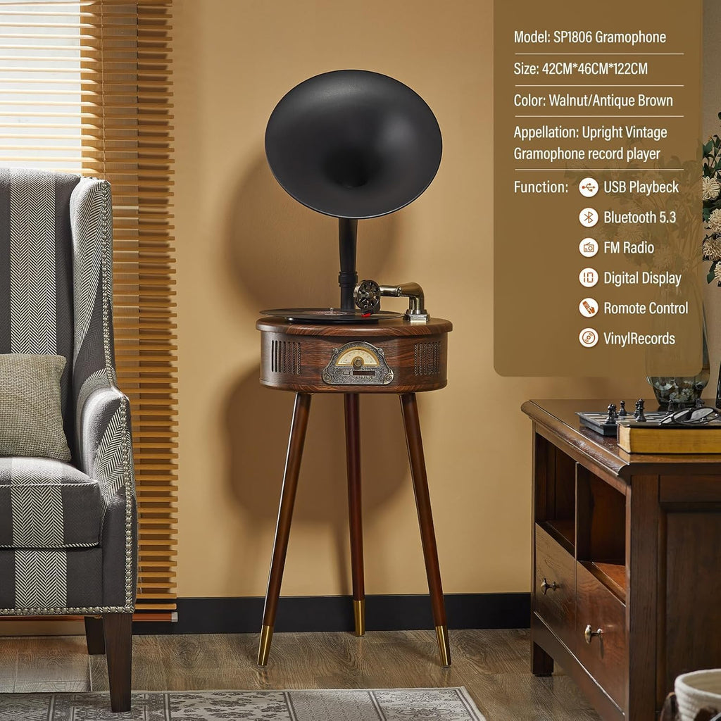 Gramophone Record Player，Italian Style Gramophone Vinyl Record Player with Control/Bluetooth/USB/FM Vintage Record Players Turntables 2 Speed(33/45), Hi-Fi, Classic Tripod Retro Wooden Design