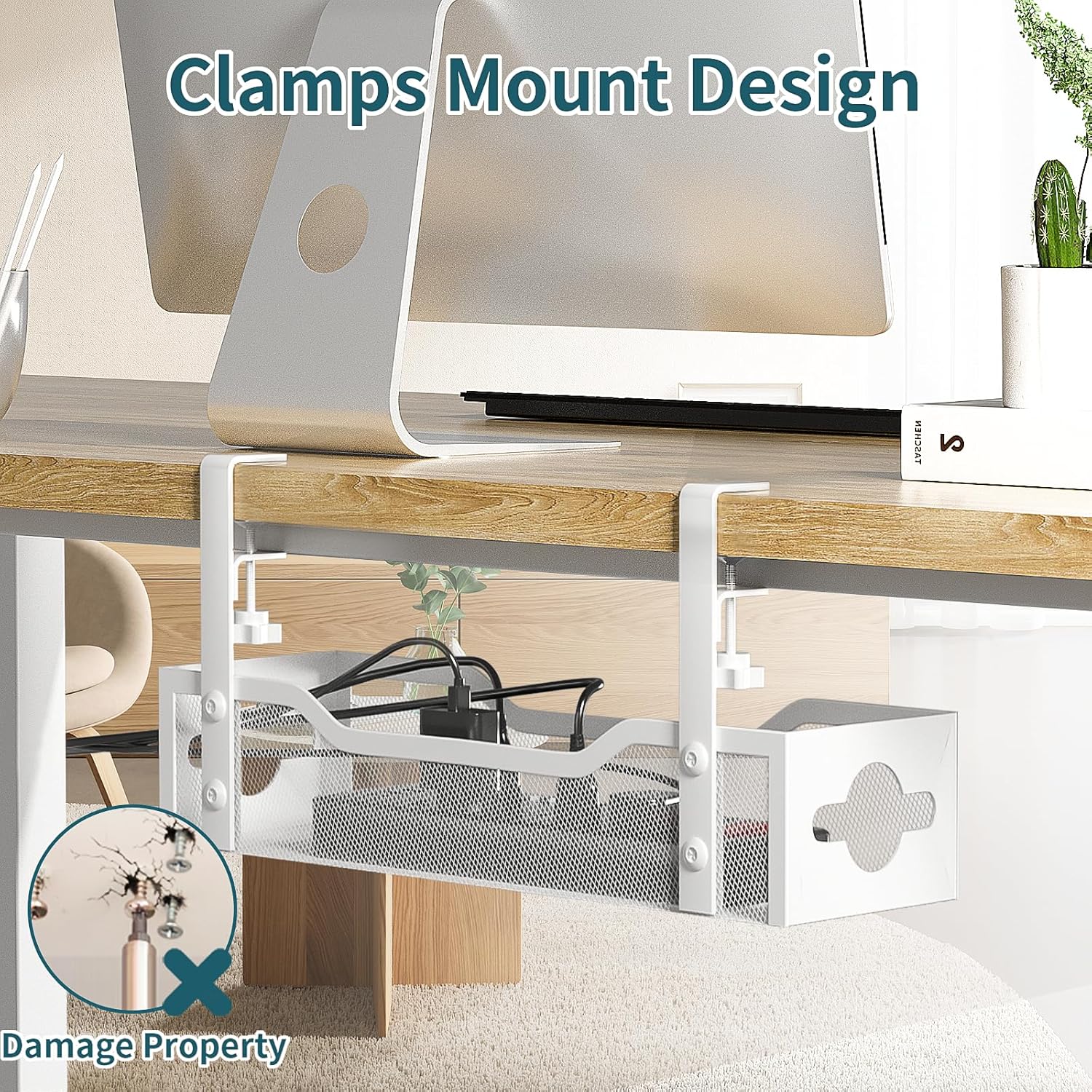 Under Desk Cable Management Tray No Drill, 13.38'' Metal Tray with Clamp for Wire Management, Litwaro Cord Organizer Home Office Damage to Standing Desk, White
