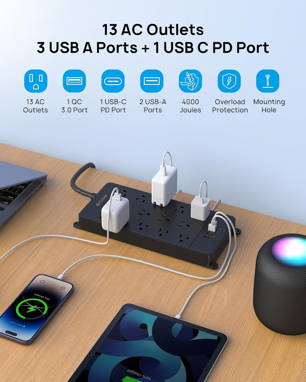TROND Surge Protector Power Strip, 10ft Heavy Duty Extension Cord with 32W USB C & QC 3.0 Charger, 4000J, ETL Listed, 13 Wide Spaced Outlets, Flat Plug, Wall Mount for Home Office Supplies, Black