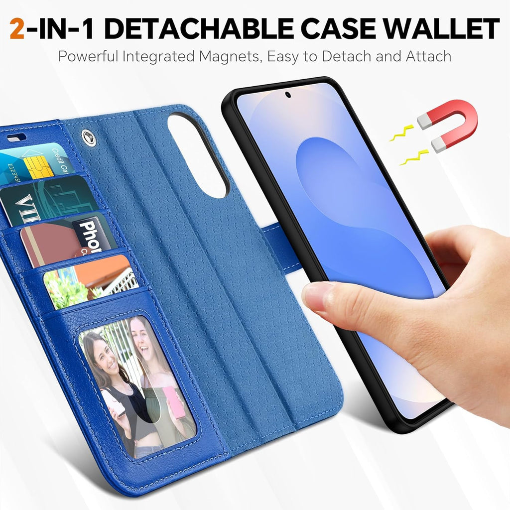 TUCCH Case Wallet for Galaxy S25 Edge, Removable [2 in 1] [Wireless Charging] Wrist Strap PU Leather Magnetic Stand RFID Blocking [4 Card Slots] Detachable Folio for Galaxy S25 Edge 6.7", Klein Blue