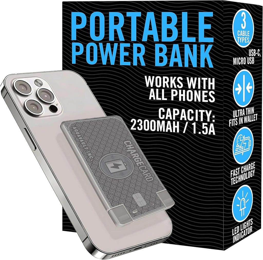 AquaVault ChargeCard – Ultra Slim Emergency Power Bank (2300mAh) – Fits in Wallet – USB-C & Micro-USB – Durable Steel Body – Flight-Safe Pocket Charger for iPhone 16/15/14/13/12, Android - (Platinum)