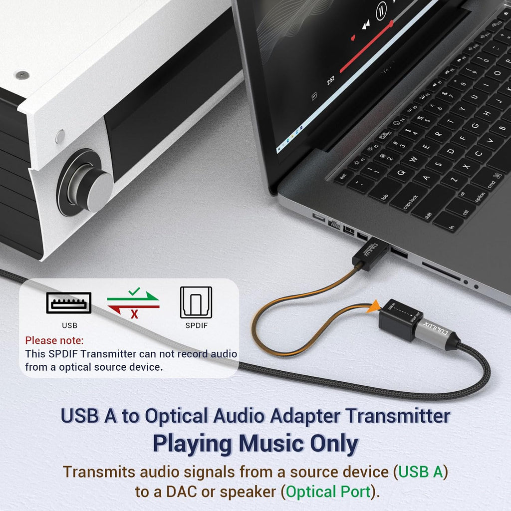 Cubilux USB A to TOSLINK Optical Audio Adapter, Unidirectional USB Type A to SPDIF Digital Converter, S/PDIF Transmitter for Computer Laptop PC PS5/4 ONLY, NOT for TV Or Other Devices