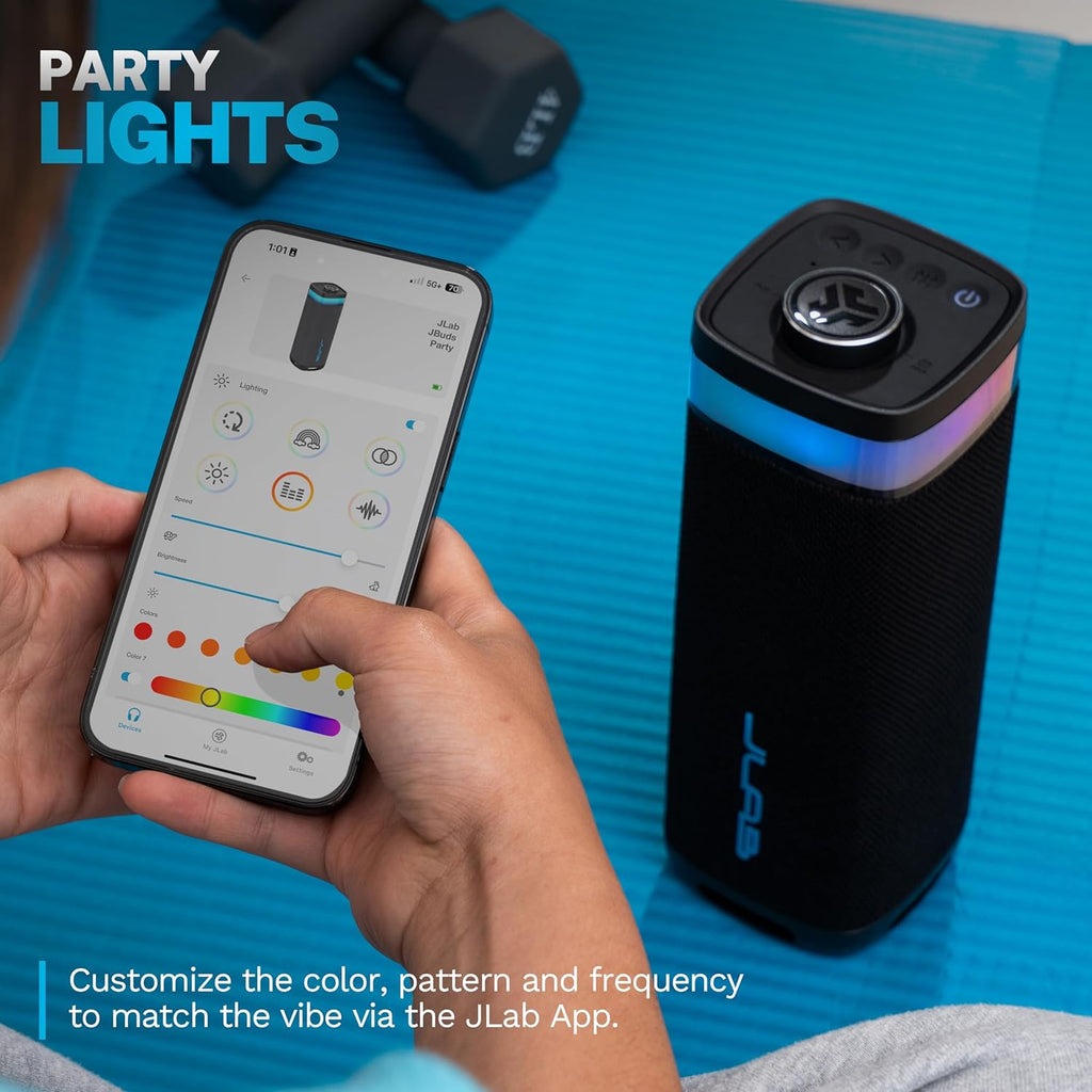 JLab JBuds Party Portable Bluetooth Speaker, 2 Full-Range Drivers + 2 Passive Woofers, IP56 Waterproof, 12 Hours Playtime, Connect Multiple Speakers, Custom Sound + RGB Lighting via App, Black
