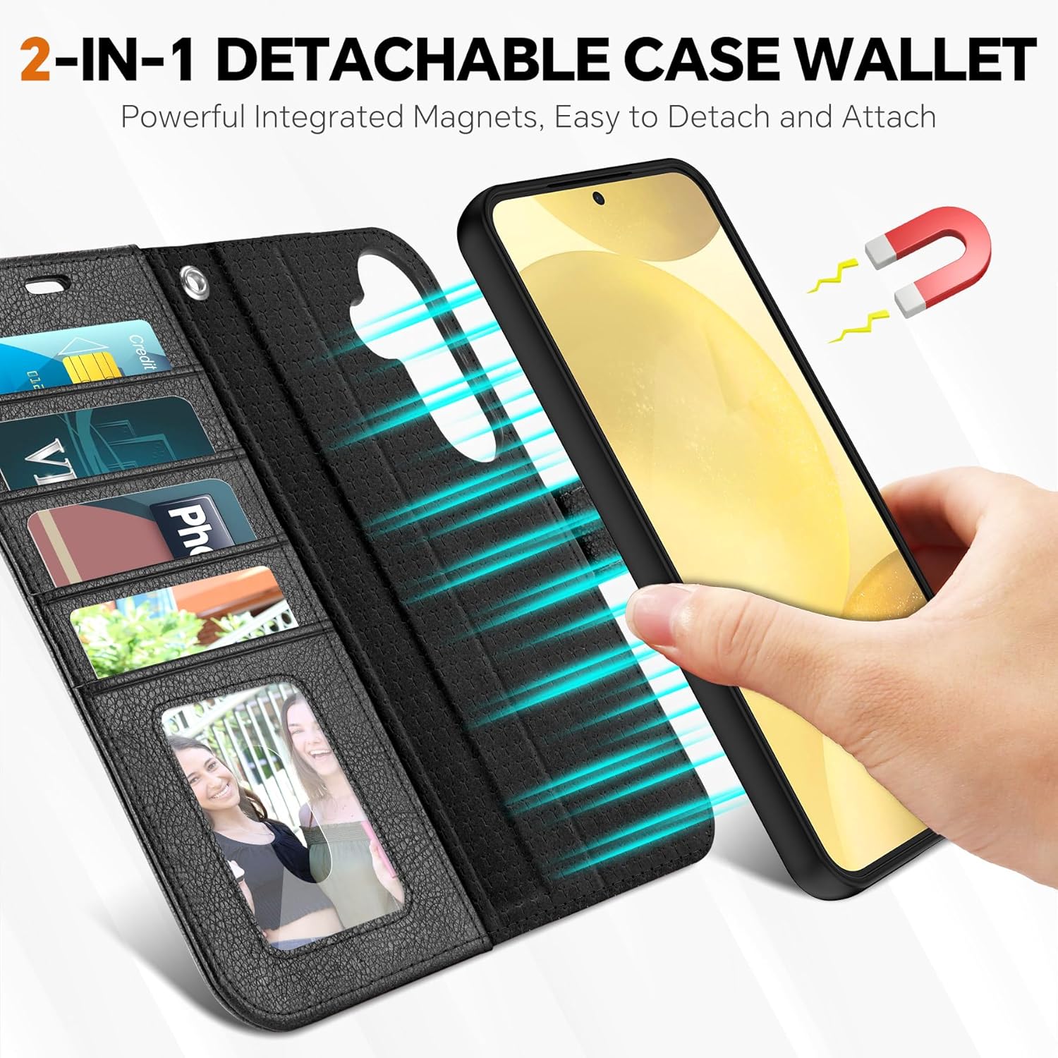 TUCCH Wallet Case for Galaxy S25 Plus, [Removable] 2 in 1 [Wireless Charging] Wrist Strap RFID Blocking [4 Card Holders] Magnetic Detachable Stand PU Leather Cover for Galaxy S25 Plus, Textured Black