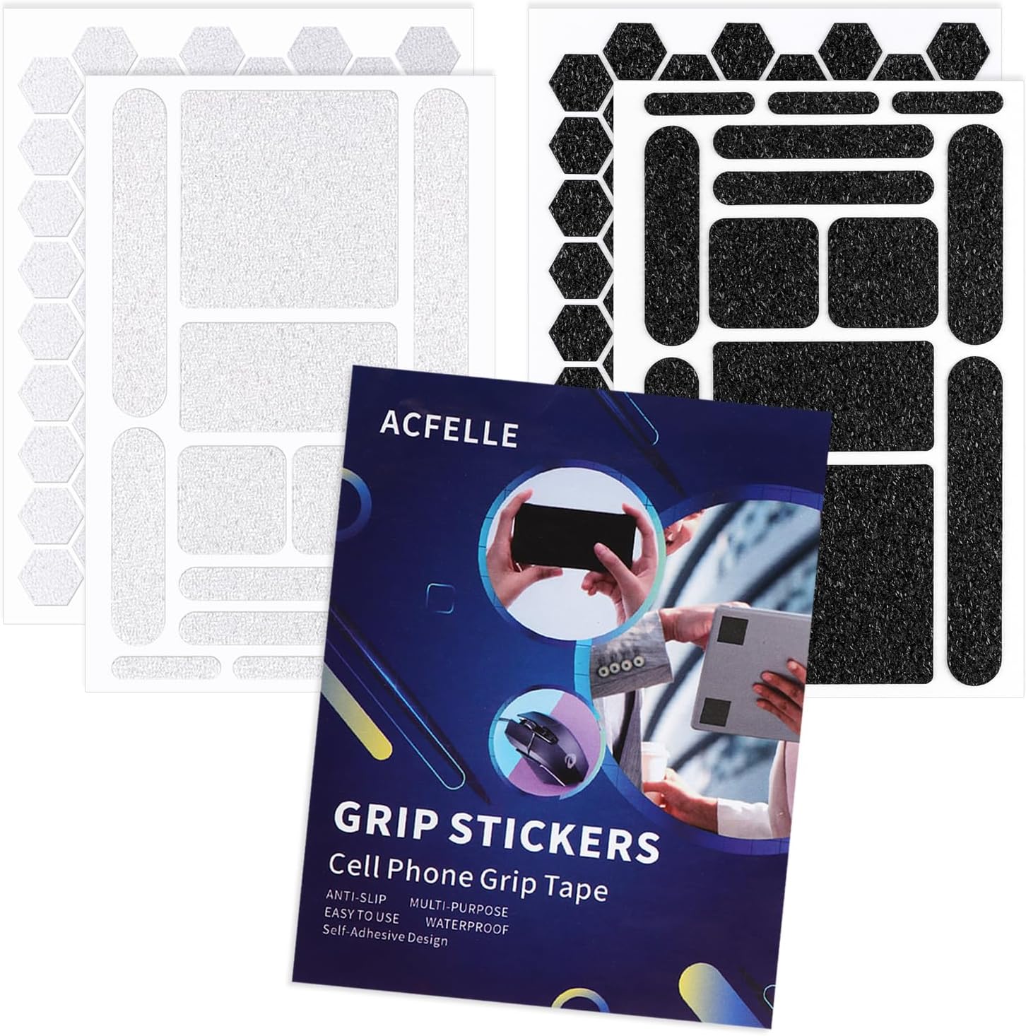 4Pack Phone Grip Tape, Finger Grip Stickers Decal Waterproof Pre-Cut Non Slip Kit Adhesive Traction for Cell Phone Cases, Handles, Tools (Clear&Black)