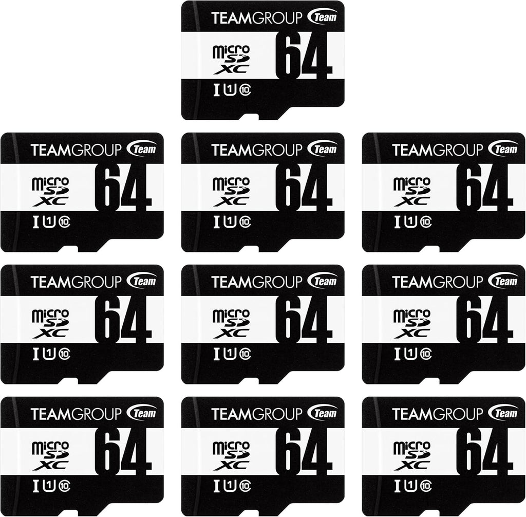 TEAMGROUP Micro 64GB x 10 Pack UHS-I U1 Class 10 SDHC SDXC Read Speed up to 100MB/s High Speed Flash Meomry Card with Adapter for Camera, Surveillance, Full HD Shooting TUSDX64GCL10U66