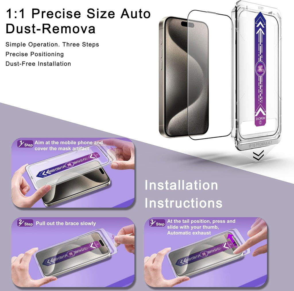 2 Pack Screen Protector for iPhone 15 Pro Max, 9H Tempered Glass, Full Coverage, Anti-Fingerprint, Auto Dust-Elimination, No Bubble, Easy Installation