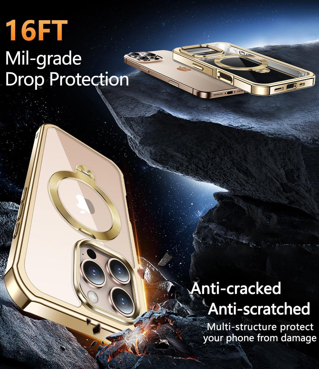 [360° Rotatable CD Stand & Built-in Privacy Screen Magnetic Case for iPhone 16 Pro [Compatible with MagSafe & Full Signal] Mil-Grade Shockproof Full Body Anti-Spy Cover for 16 Pro-Gold