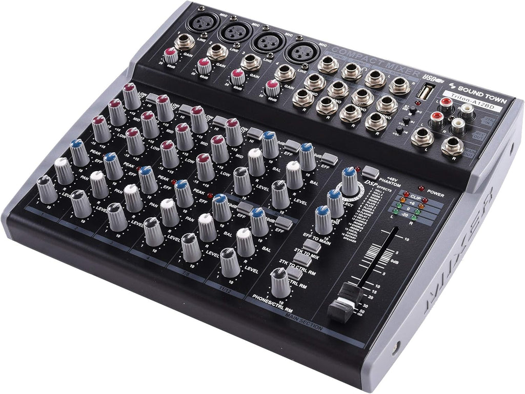 Sound Town Professional 12-Channel Audio Mixer with USB interface, Recording, EQ, Bluetooth, DSP and 48V Phantom (TRITON-A12BD)
