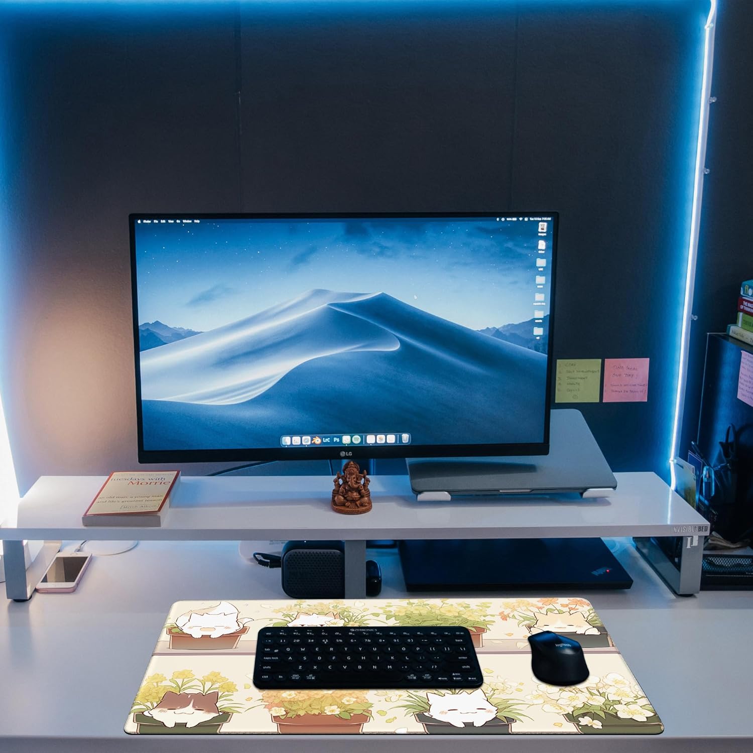 Desk Pad, Cute Cat Potted Plant Desk Mat, Anime Kawaii Cat Large Gaming Mouse Pad for Desk, 31.5"x15.7" Extended Big Computer Keyboard Mouse Pad with Non-Slip Base and Stitched Edge