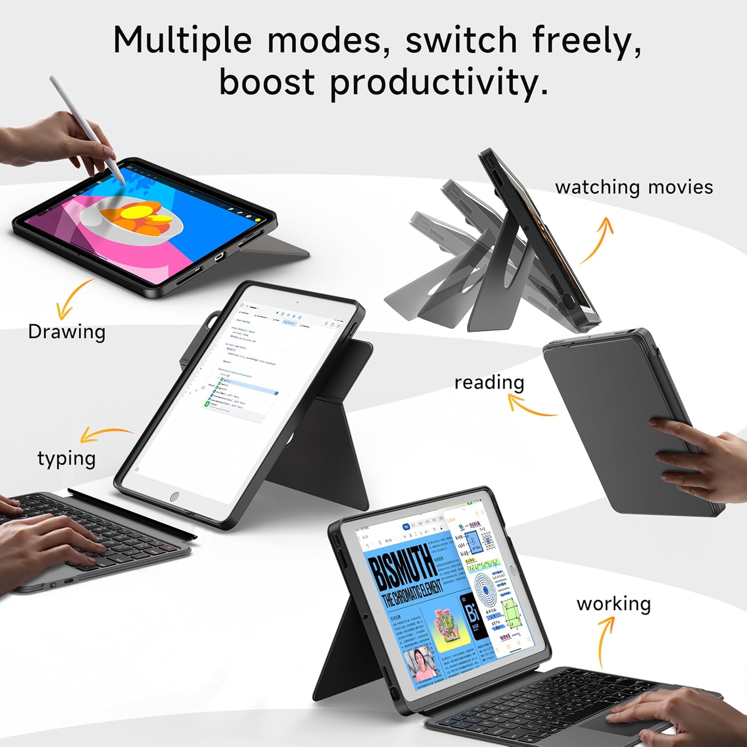 HOU iPad 9th Generation Case with Keyboard(8th/7th gen),iPad Air 3 & Pro 10.5" 360° Rotatable&Detachable Combo,Ultra-Silent Keys,7-Color Backlit,50H Battery,Lightweight Cover,Portrait/Landscape,Black