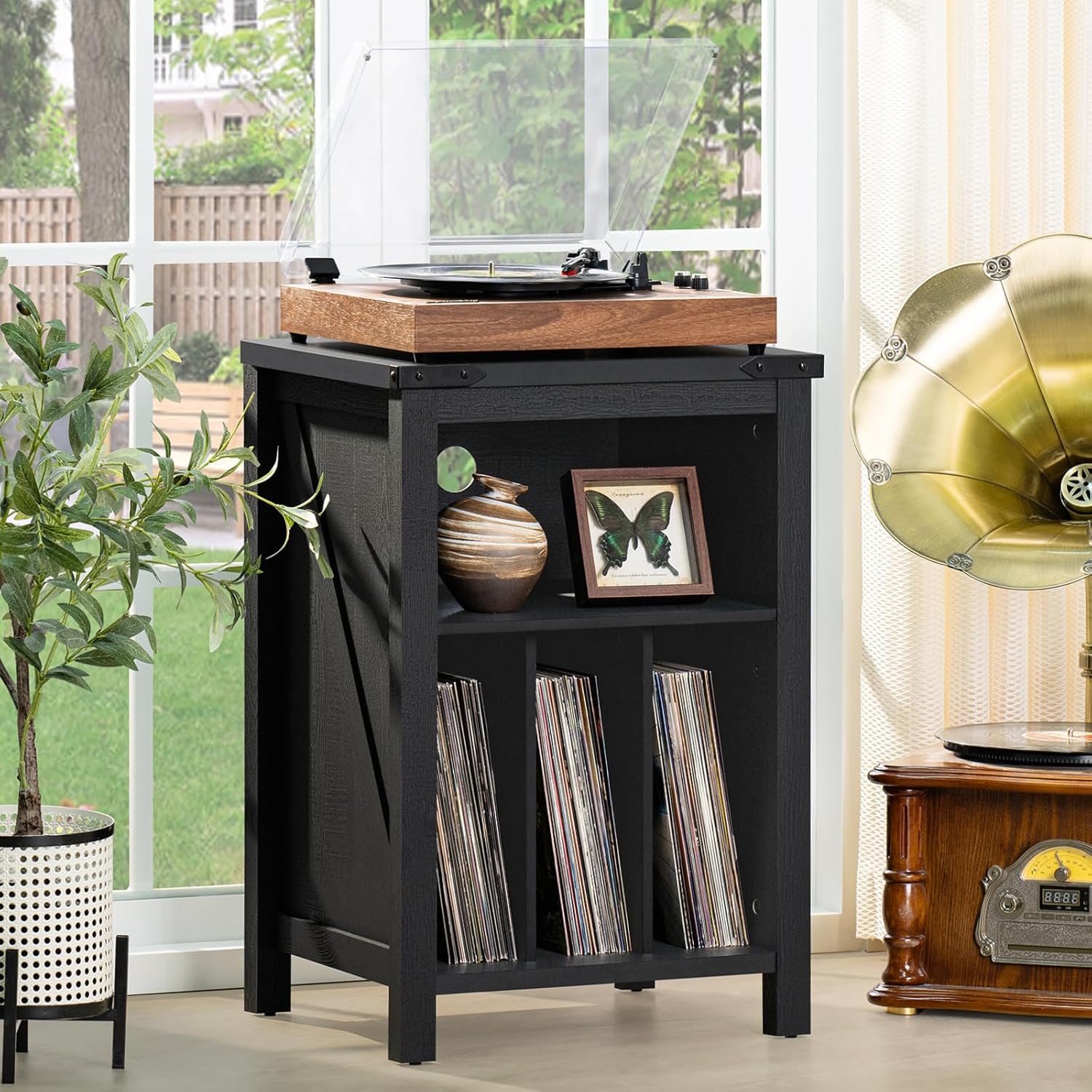 Record Player Stand with Vinyl Record Storage,Black Record Player Table Holds up to 160 Albums,Large Wood Turntable Stand Cabinet Dispaly Shelf for Living Room,Bedroom,Office