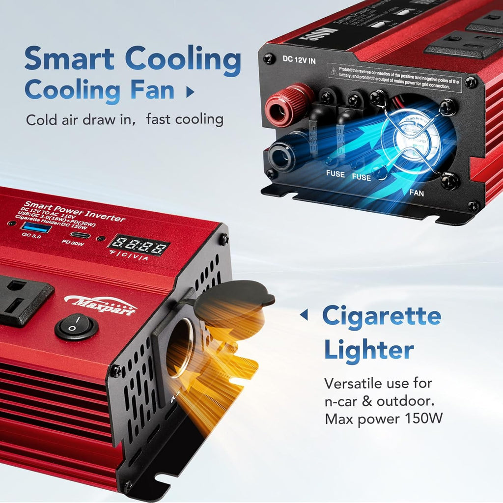 500W Power Inverter, Car/Light Truck 12V DC to 110V AC Converter USB and 3.0A USB and Type-C Ports Car Charger Inverter with Cigarette Lighter Ports for Smartphones Laptops Tablets