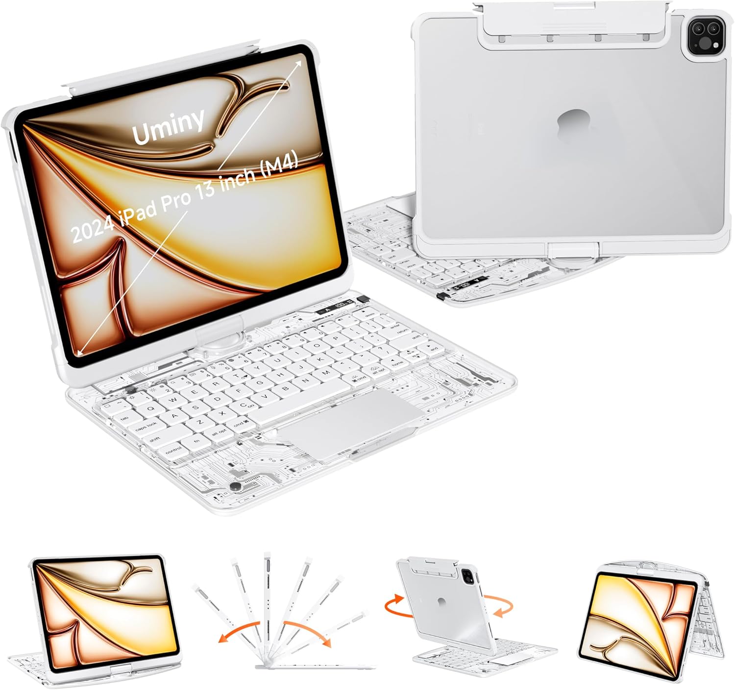 iPad Keyboard Case for 2024 M4 iPad Pro 13 inch, Magic Wireless Keyboard with Trackpad 7 Color Backlit, 360° Rotating Stand Transparent Protective Cover with Pencil Holder (White)