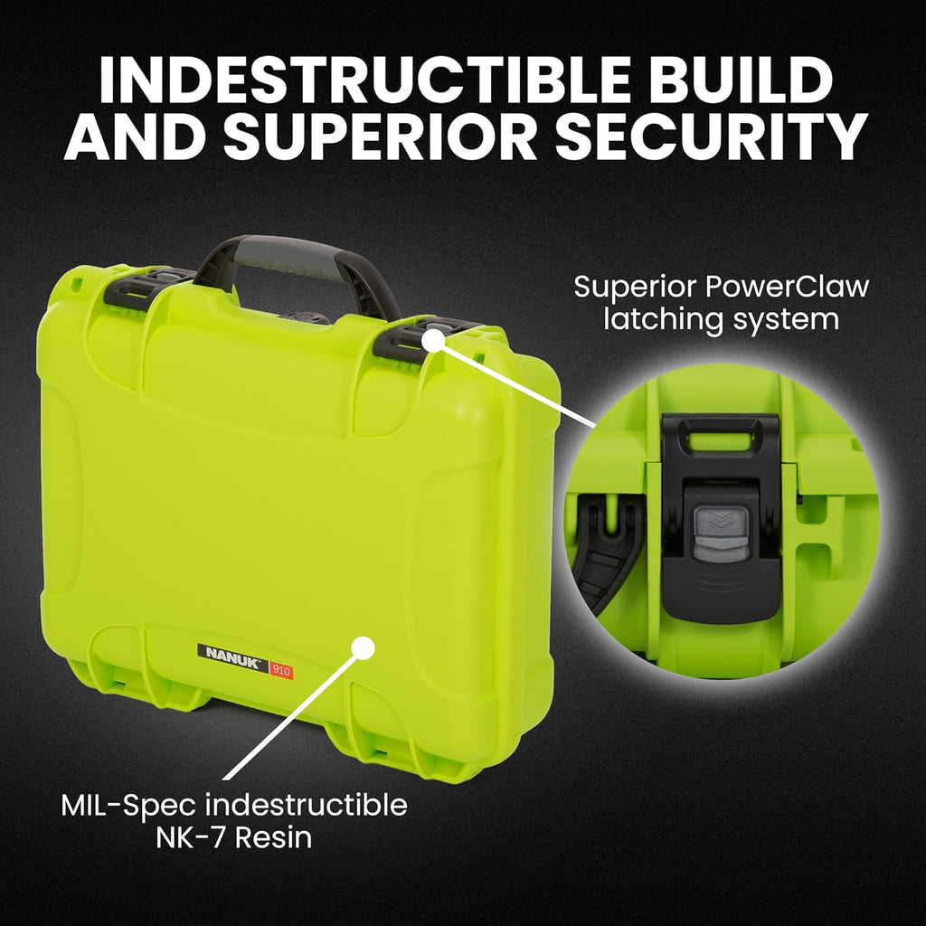 NANUK 910 Hard Case with Customizable Cubed Foam, IP67 Waterproof, Dustproof and Impact Resistant, 14.3” x 11.1” x 4.7”, Rugged Construction for Ultimate Protection, Made in Canada – Lime