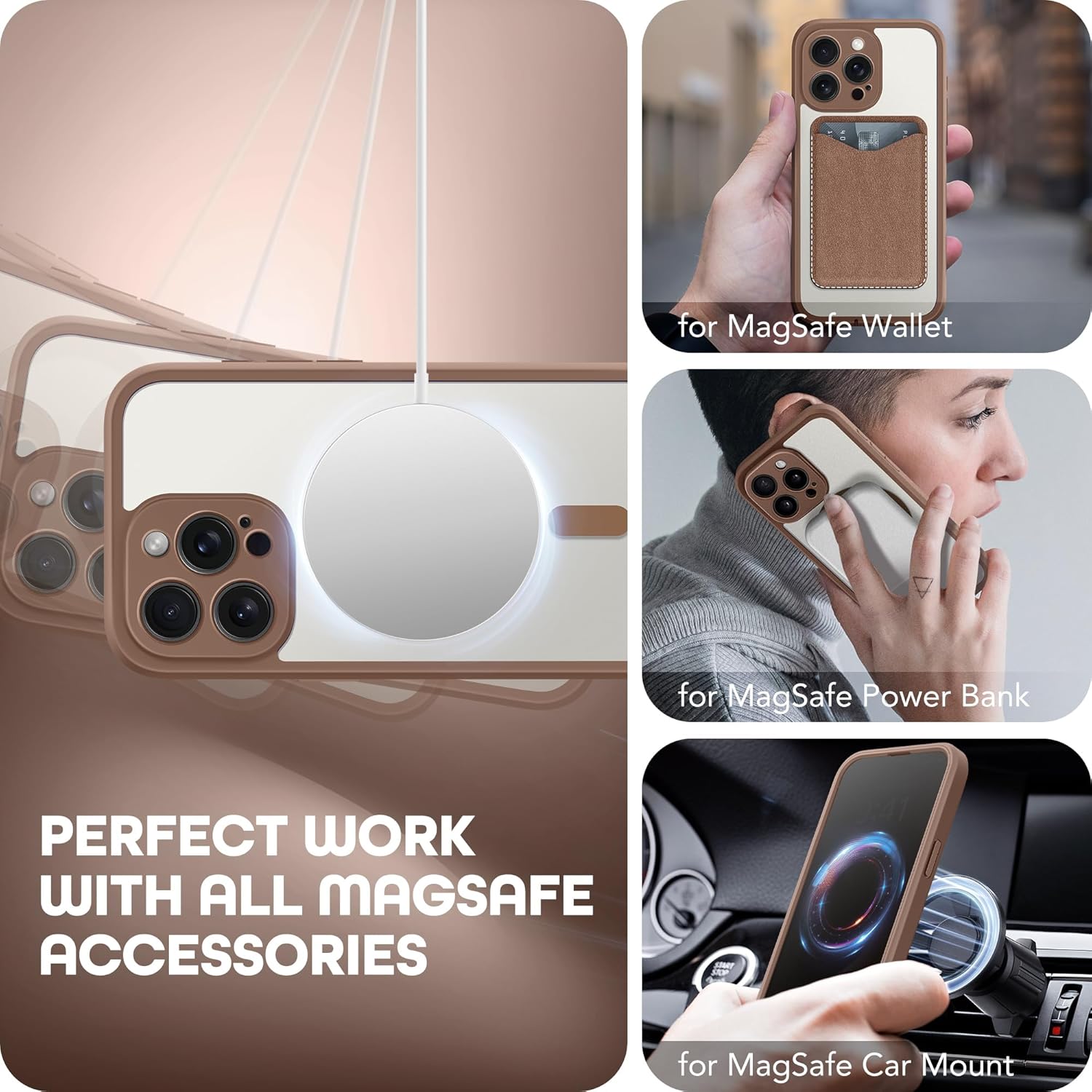 Magnetic for iPhone 15 Pro Case, Compatible with MagSafe, Built-in Privacy Screen Protector and Camera Protection, Anti Spy Full Body Dustproof Shockproof Hard Phone Case 6.1", Brown