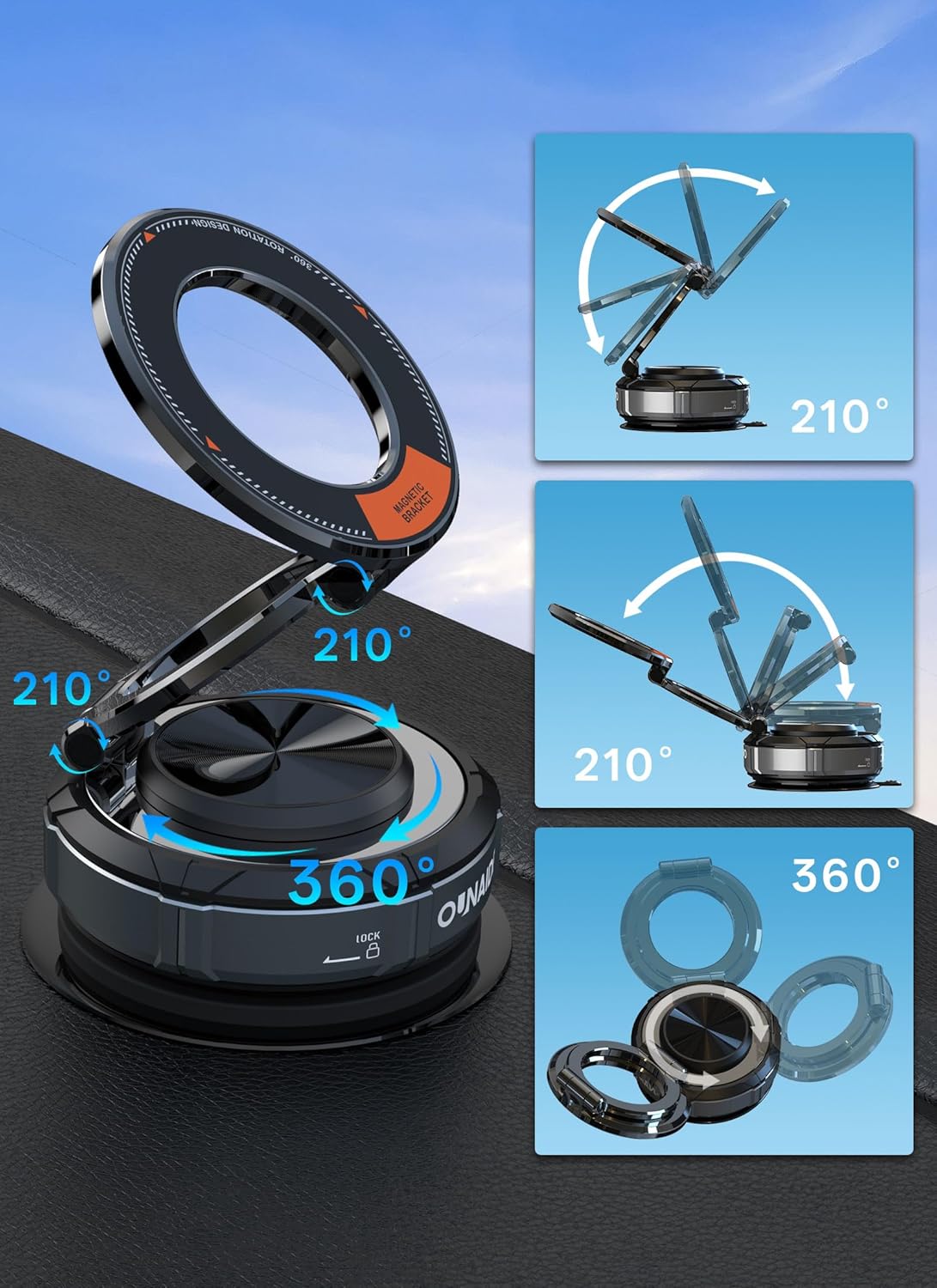 Magnetic Phone Holder For Car,360°Vacuum Magnetic Car Phone Holder,Car Phone Mount Adjustable Cell Phone Holder Enhanced Vacuum Suction Cup Car Accessories for iphone 16e 15 14 Android (Silver Black)