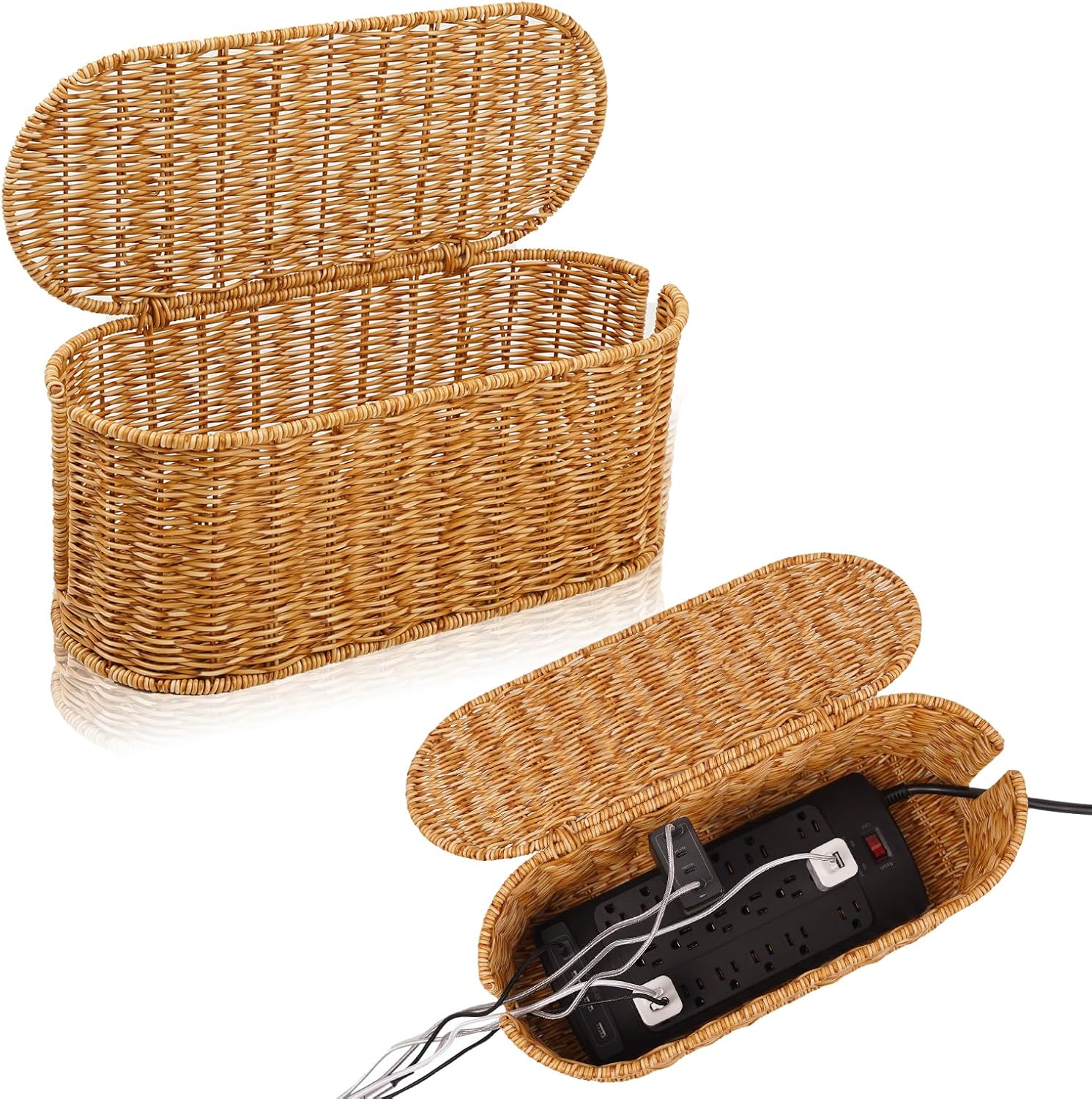 Cable Management Box, Handmade Rattan Cable Organizer, 2 Open Slots Cords Hider Box, Under Desk Cord Organizer for Computer Router USB Hub & Power Strip, Patent Pending, 15.9" x 6.5" x 6.5", Natural