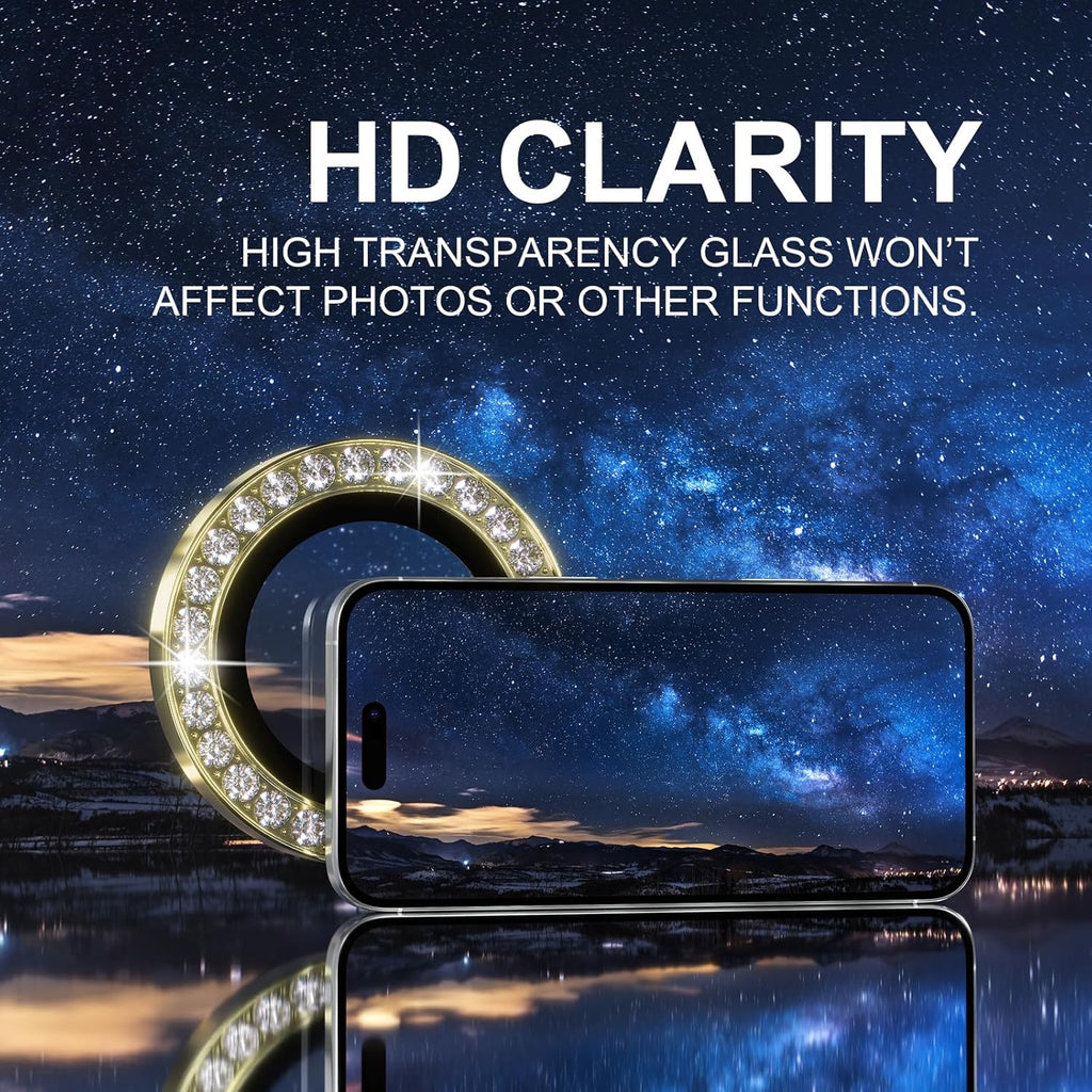 Choiche Compatible for iPhone 16 Pro/iPhone 16 Pro Max Camera Lens Protector Bling, 9H Tempered Glass Camera Cover Screen Protector Metal Ring Decoration Accessories (Diamond-Gold)