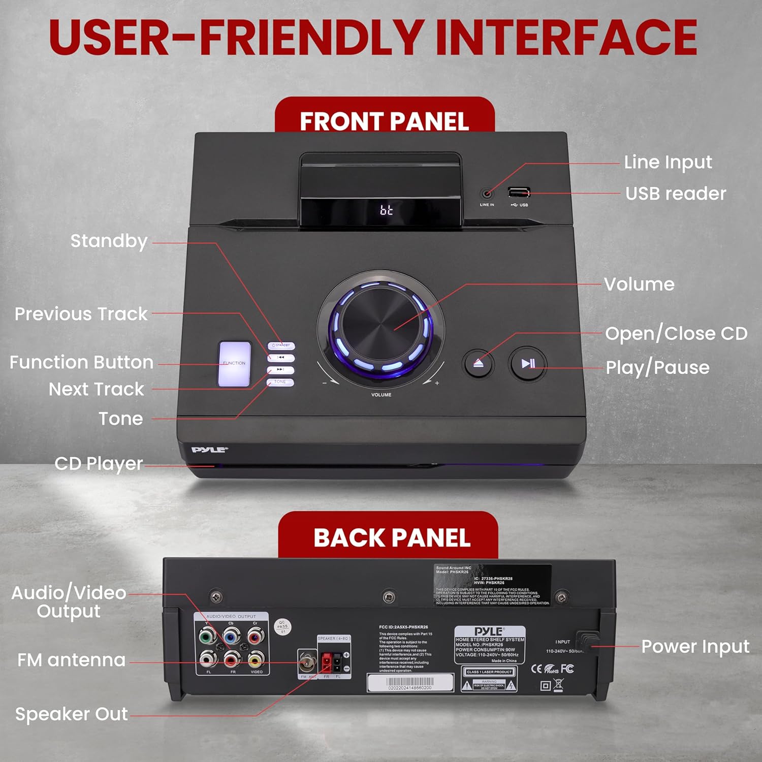 Pyle Home Stereo Shelf System - 100W Wireless BT Streaming with CD Player, FM Radio, USB & SD Card Playback, 2-Way Music Crisp-Sound, Remote Control, Dual Stereo Speakers (Black)