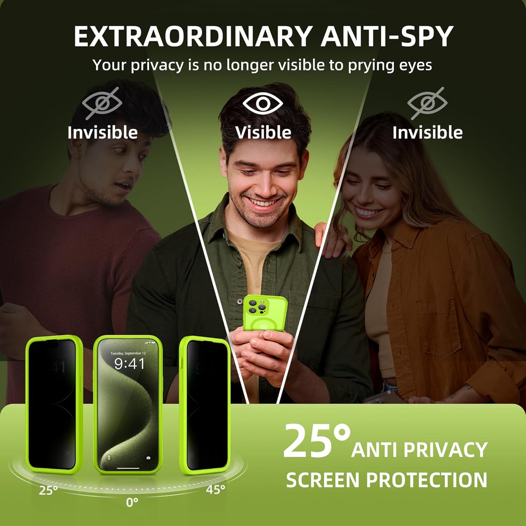 Magnetic for iPhone 15 Pro Max Case, Compatible with MagSafe, Built-in Privacy Screen Protector and Camera Protection, Anti Spy Full Body Dustproof Shockproof Hard Phone Case 6.7", Matte Green