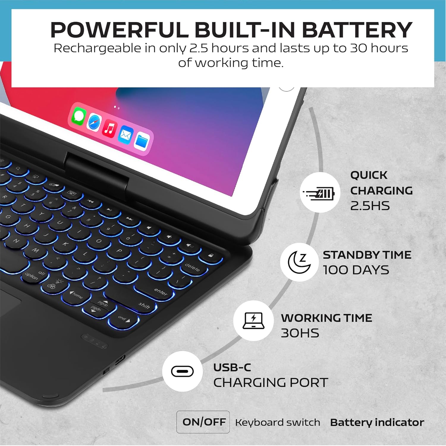 QUARK Keyboard Case for iPad Pro 9.7 inch 6th Gen / 5th Gen, 360° Rotatable Wireless Keyboard Case for iPad Air 2 & Air 1 with Multi-Touch Trackpad, Thin & Light, 7 Color Backlit (Black)