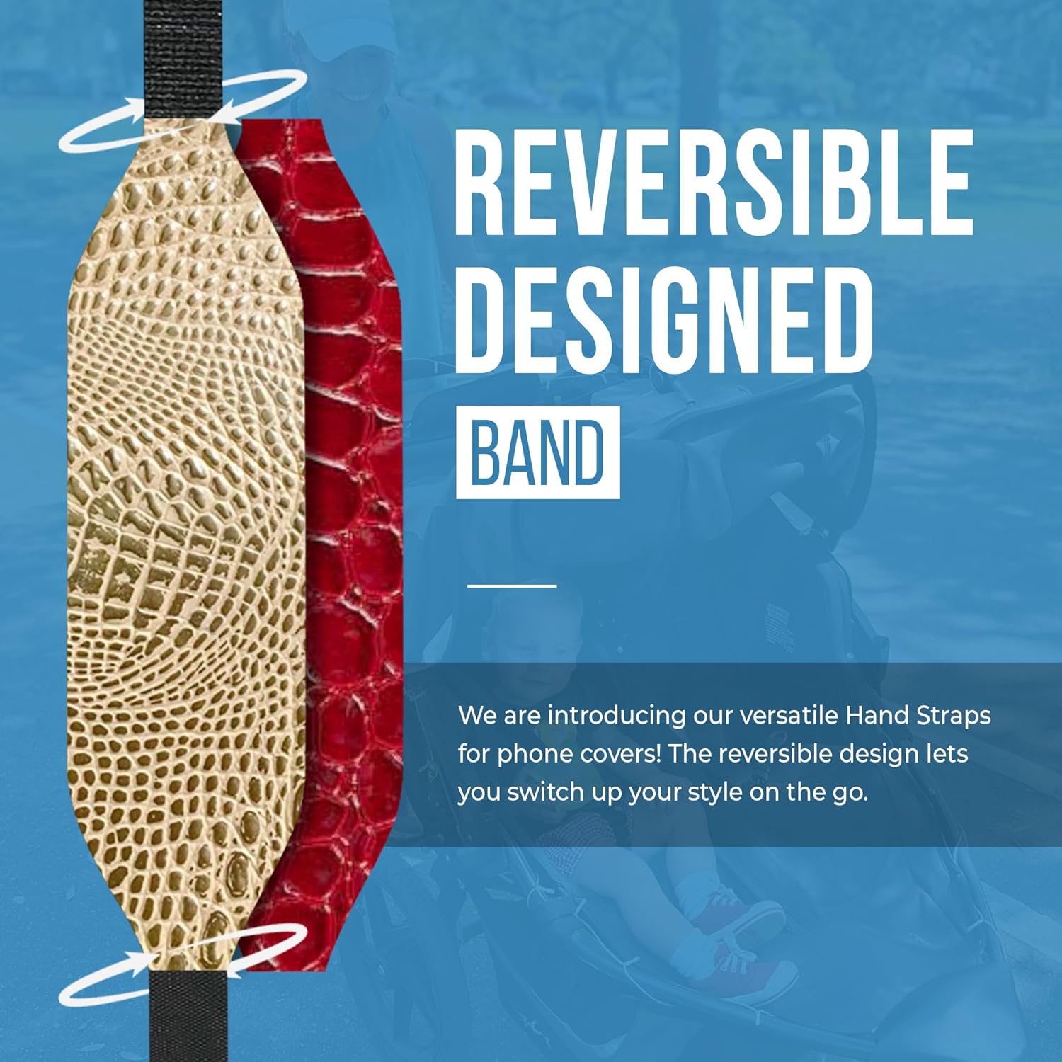 Phone Grip Strap - Pack of 2 Reversible Finger Holder for Phone Back, Customizable Anti-Slip Design, Wireless Charging Compatible Detachable Holder for iPhone - Gold & Red Alligator