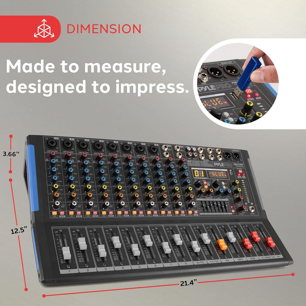 PYLE 12-Channel Bluetooth Studio Audio Mixer - DJ Sound Controller Interface with USB Drive for PC Recording Input, RCA, XLR Microphone Jack, 48V Power, For Professional and Beginners - PMXU128BT