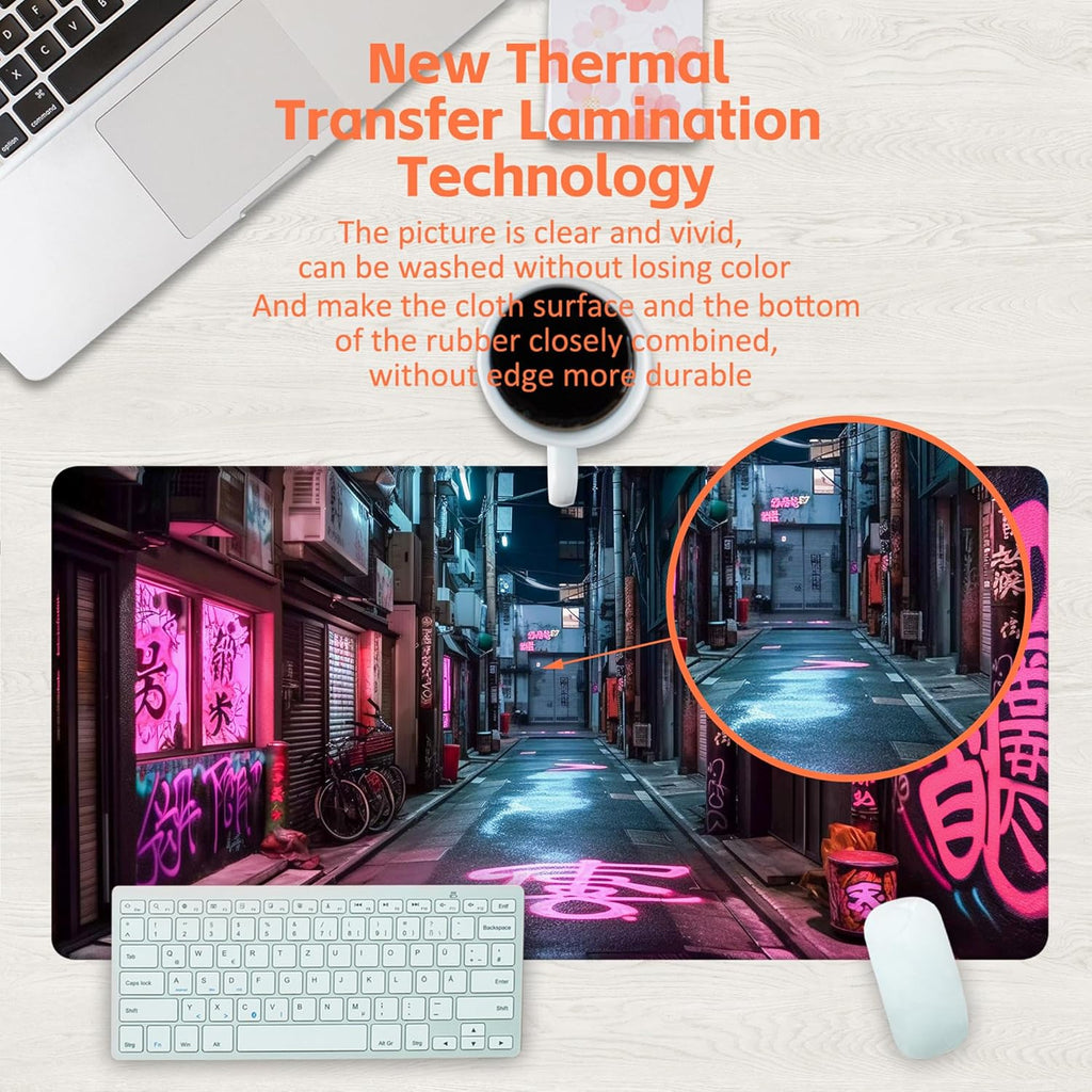 Desk Pad, Anime City Street Scene Desk Mat, Pink Neon Street Large Gaming Mouse Pad for Desk, 31.5"x15.7" Extended Big Computer Keyboard Mouse Pad with Non-Slip Base and Stitched Edge