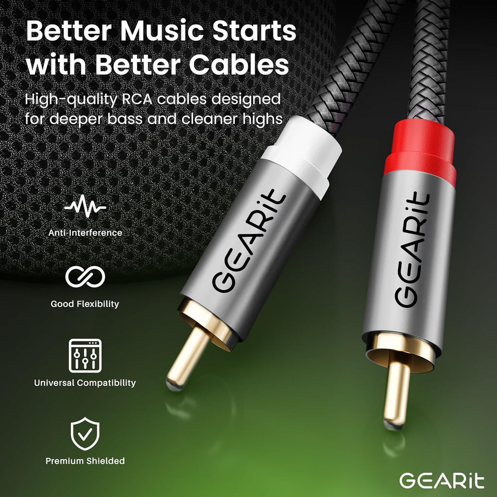 GEARit RCA Cable (15FT) 2RCA Male to 2RCA Male Stereo Audio Cables Shielded Braided RCA Stereo Cable for Home Theater, HDTV, Amplifiers, Hi-Fi Systems, Car Audio, Speakers, 15 Feet