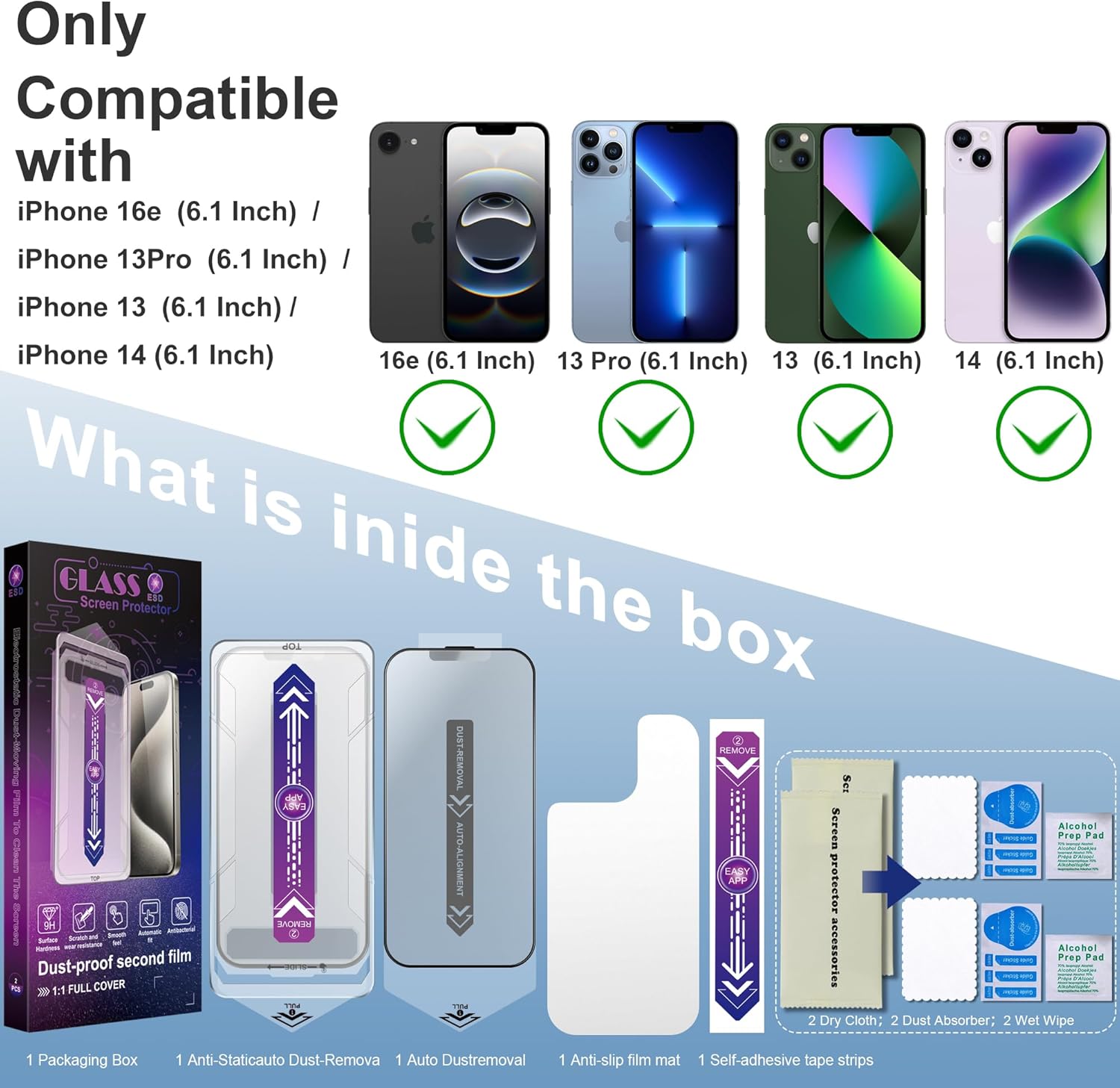 2 Pack Anti Blue Light Matte Screen Protector for iPhone 16e and iPhone 14 and iPhone 13 and iPhone 13 Pro 6.1-Inch Auto Dust Removal, No Bubbles, Tempered Glass Film, Easy Installation