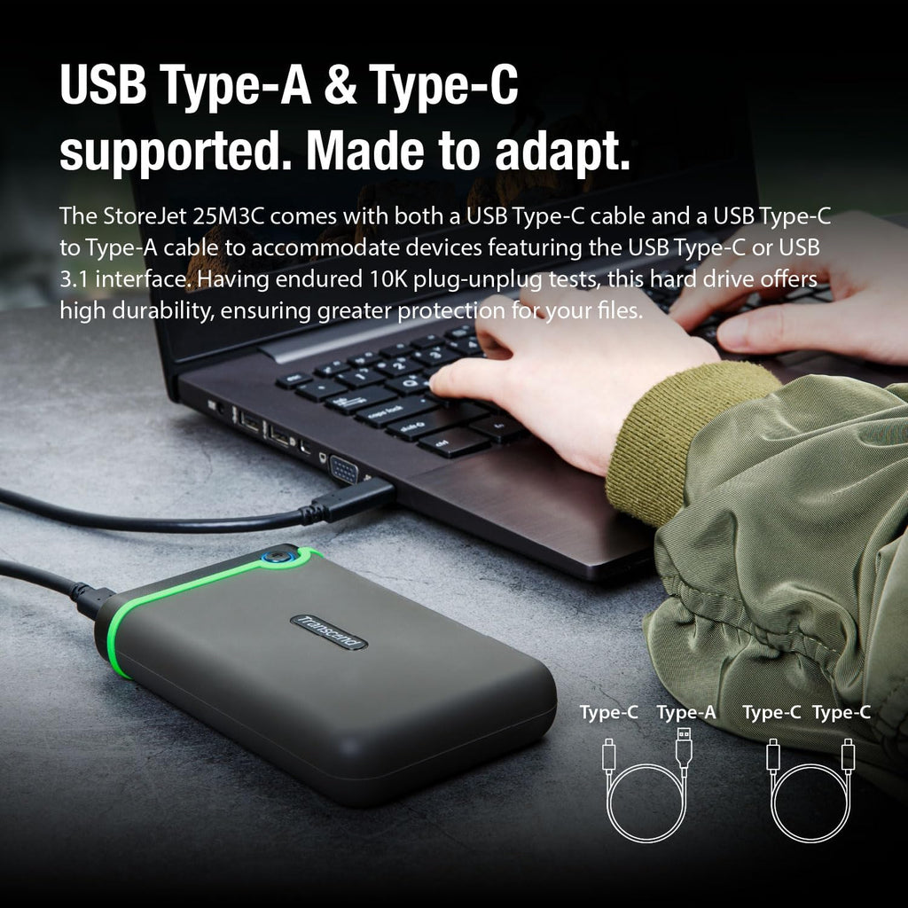 Transcend 4TB SJ25M3C, USB 3.1 Portable Hard Drive Rugged, Anti-Shock Resistant, Compact and Lightweight with Lightning-Fast Speeds, One Touch Backup Button, Type C, Iron Grey - TS4TSJ25M3C