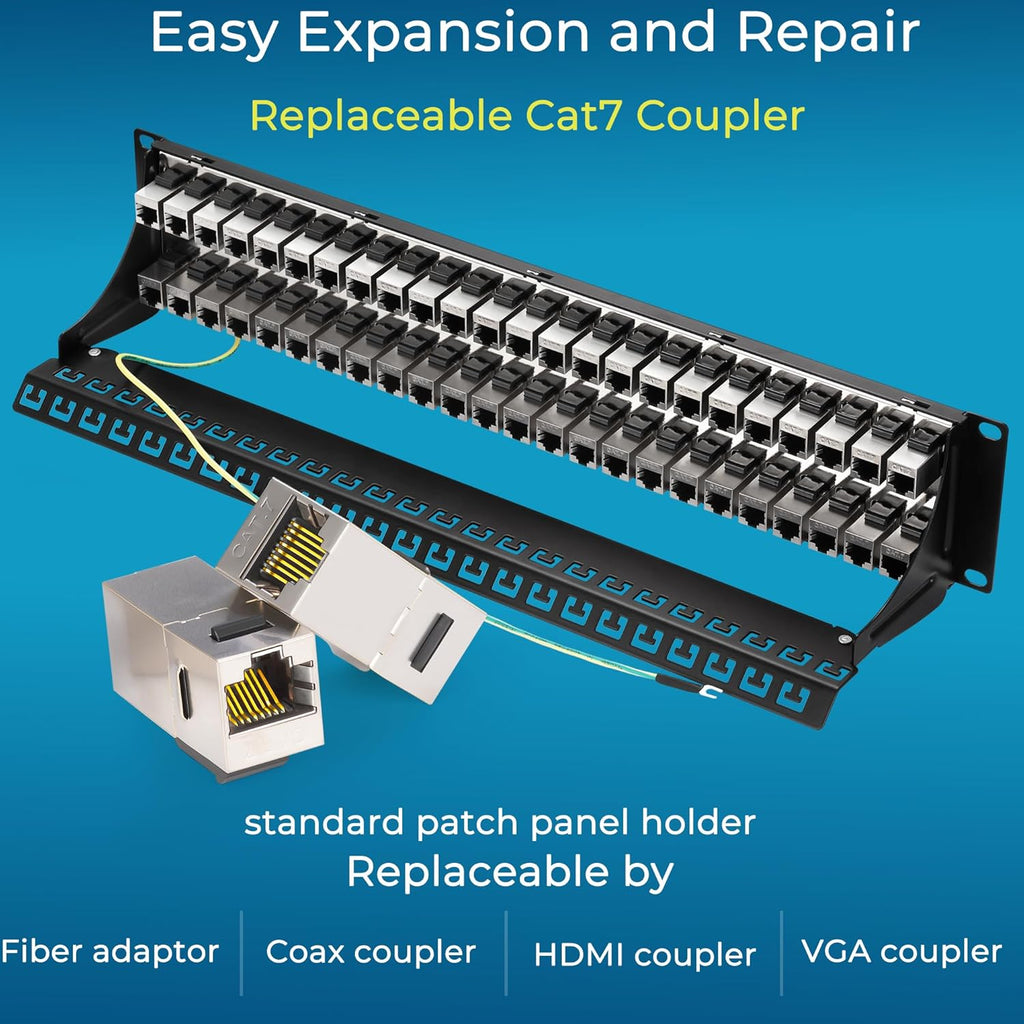 Rapink 48 Port Cat7 Patch Panel with Inline Keystone 10G Support, 19-Inch STP Shielded Coupler, 2U Network Patch Panel for Cat7, Cat6, Cat6A, Cat5e Cabling