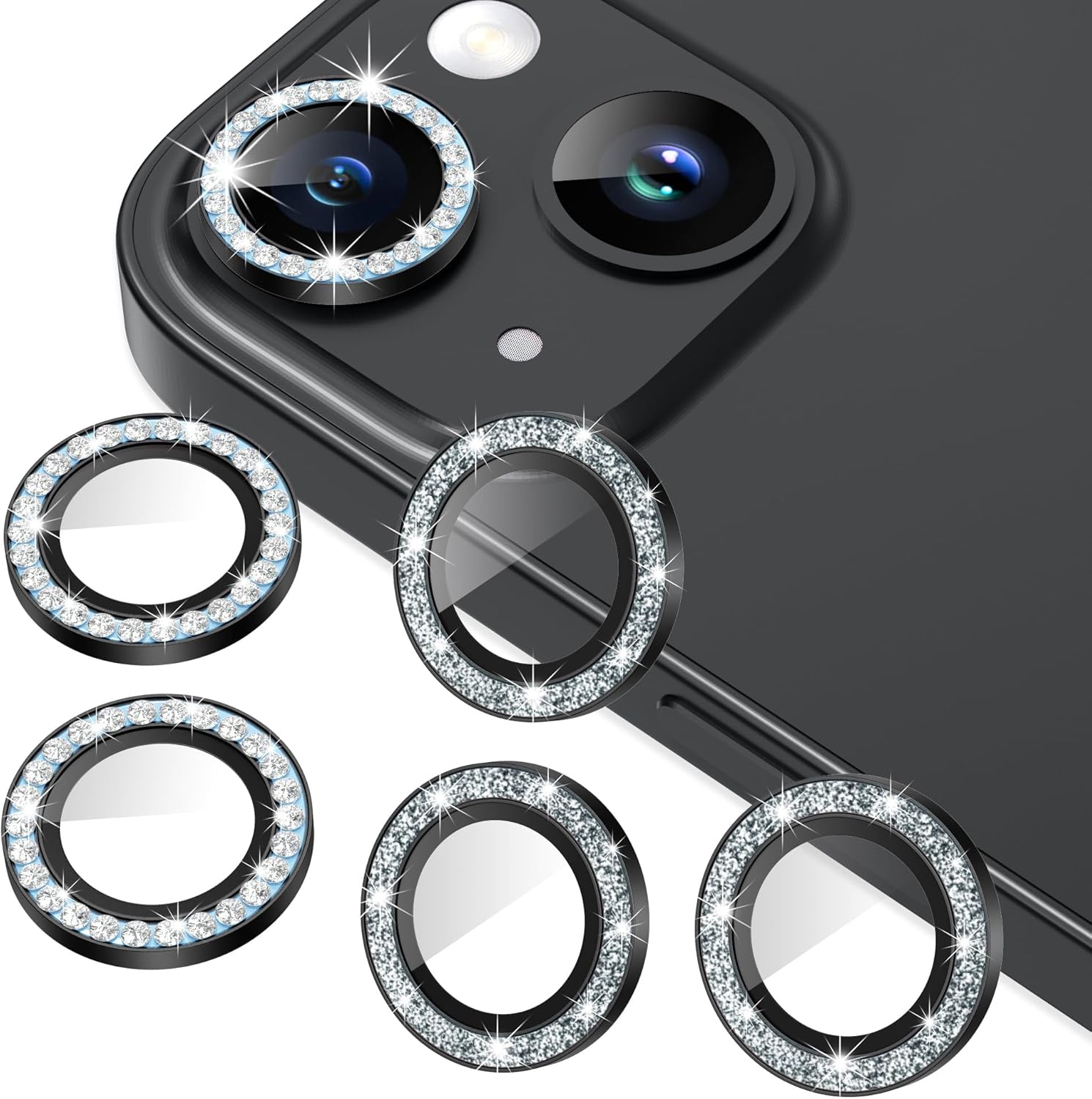 AGVEE 3+3 6 Pack for iPhone 15/15 Plus, Bling Diamond & Glitter Metal Ring 9H Tempered HD Glass Camera Protector Cover Film