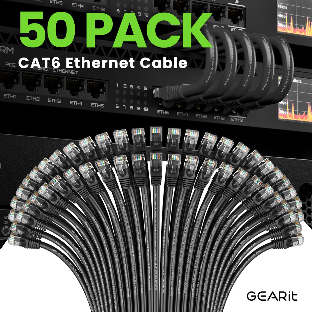 GEARit Cat 6 Ethernet Cable Pack - 50-Pack 2 ft Cat6 Ethernet Patch Cables | RJ45 Network Patch Cable, 10 Gbps Snagless Gold-Plated Connectors - Ethernet Cable Cat 6 for PC, TV, Router - Black